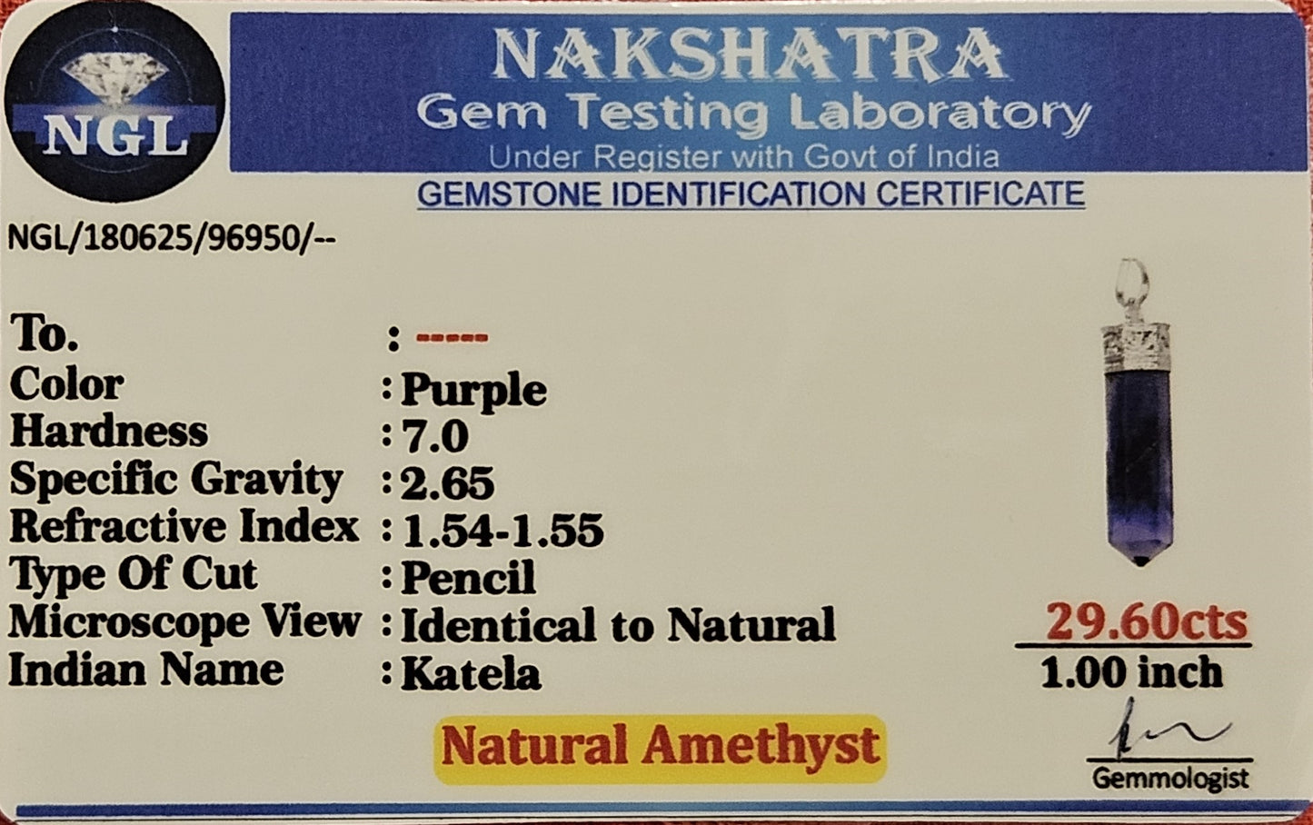 Amethyst Pencil Pendant - Stone of Spiritual Wisdom