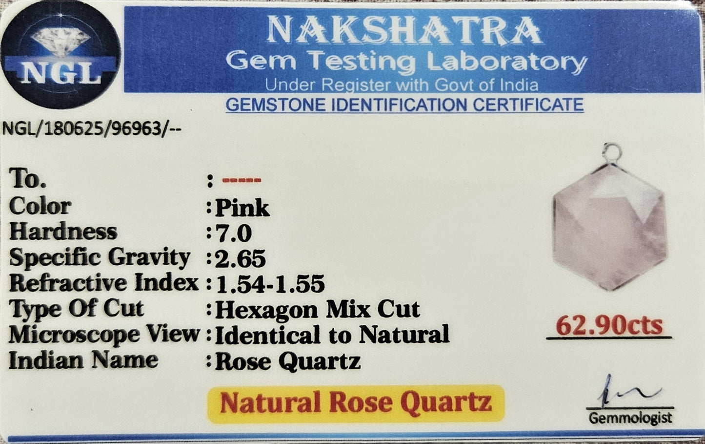 Rose Quartz Hexagon Pendant - Stone of Love & Compassion